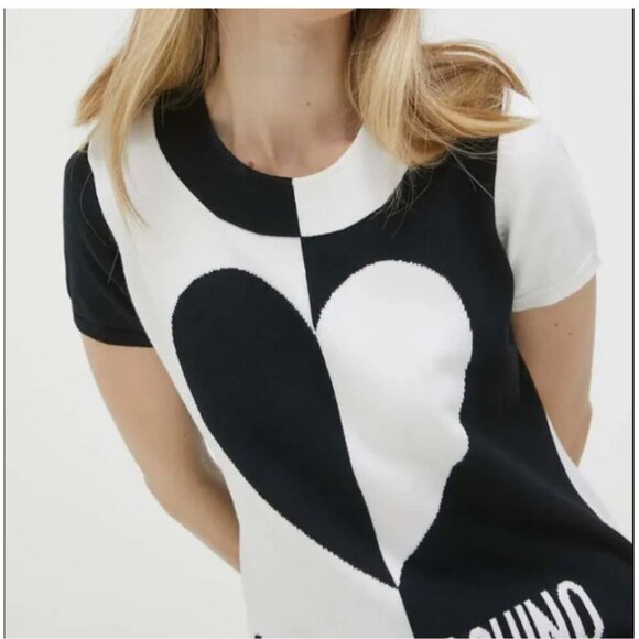 Love Moschino Mini Sweater Dress 8 Black Cotton Logo Black White Heart IT40 - Picture 7 of 9